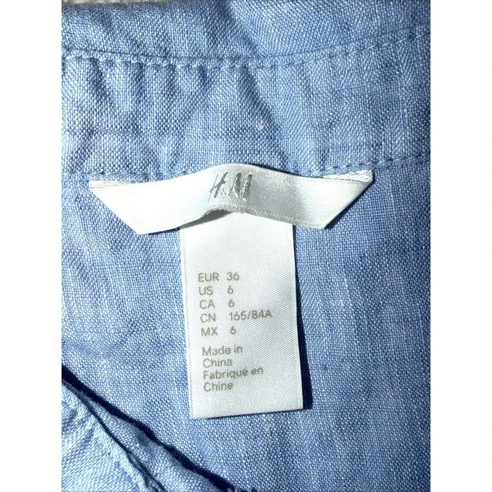 Linen Button Shirt Size 6 Long Sleeve Womens H&M Light Blue Lightweight - Picture 2 of 12